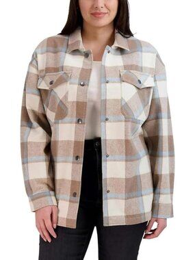 HFX Women's XXL Beige & Blue Plaid Flannel Button-Up Shirt Jacket Wool Blend